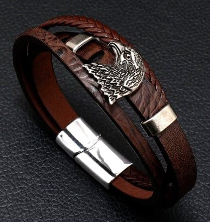 Men's Brown Leather Design Bracelet with Antique Silver Eagle.