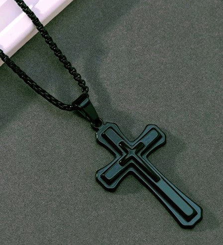 Men's Triple Layer Mat Black Designer Cross & Pendant Chain