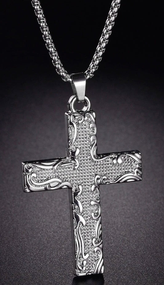 Men's Designer Antique Silver Fashion Cross and Necklace