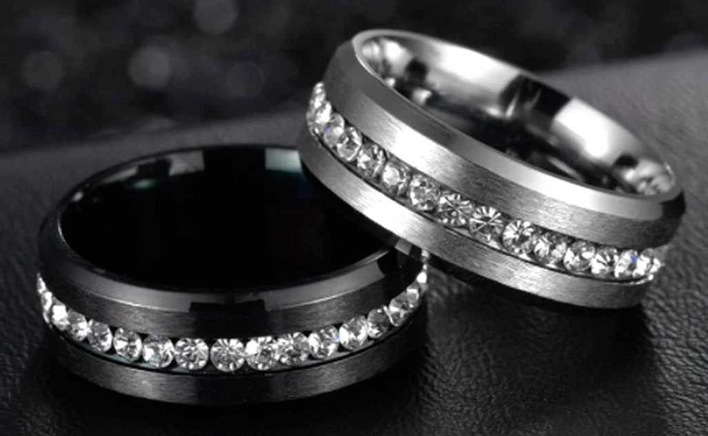 Black & Silver Stainless Steel Rings with Bright White Zircon Diamonds.